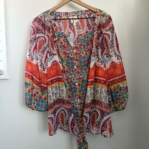 Fig & Flower 2X Paisley Blouse Tie Front Peasant Balloon Sleeve Boho Colorful